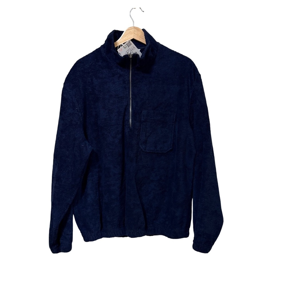 Zara Navy Blue 100% Cotton Toweling Quarter Zip Pullover Sweater NWT S-M